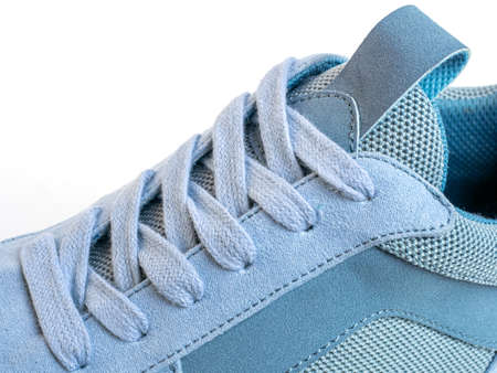 Shoestrings of blue color pattern. Closeup lacing background texture for design. Shoelaces, shoestrings or bootlaces.の写真素材