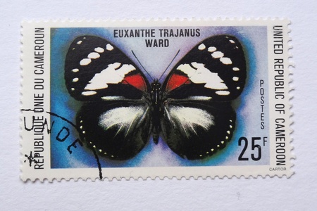 CAMEROON - CIRCA 1978: Stamp printed in CAMEROON shows an Euxanthe Trajanus butterfly, circa 1978のeditorial素材