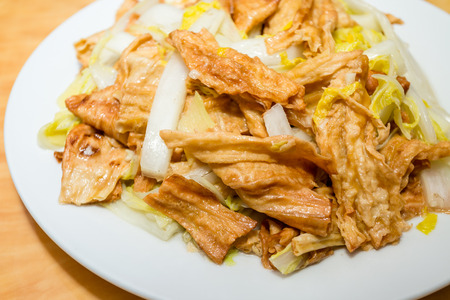 Close up to fried tofu skin with cabbage の写真素材