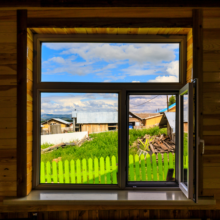 Inner Mongolia Hulun Buir wooden house windowの写真素材