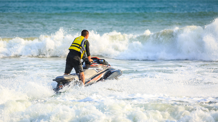 Colorful beach jet ski in Nanwan Monkey Island, Hainan, Chinaのeditorial素材