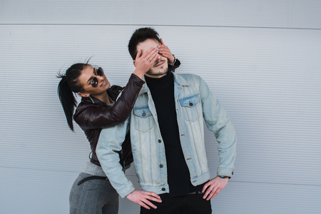 Woman tries to impress her boyfriend.の写真素材