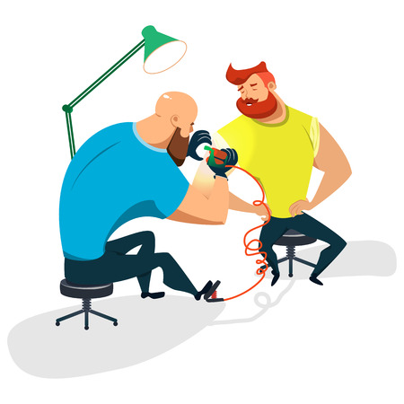 Tattoo master makes a guy a tattoo. Cartoon illustration of a flat design. Vector Image.のイラスト素材