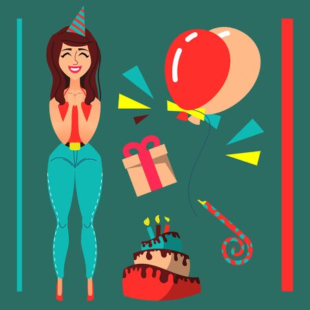 Beauty cartoon girl in flat style. Birthday themeのイラスト素材