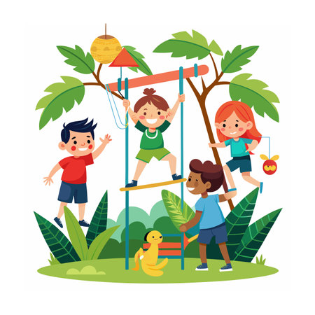 Kids Playing and Entertaining Moments Vector Illustrationのイラスト素材