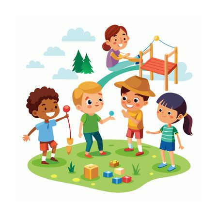 Kids Playing and Entertaining Moments Vector Illustrationのイラスト素材