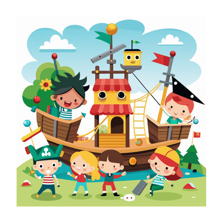 Kids Playing and Entertaining Moments Vector Illustrationのイラスト素材