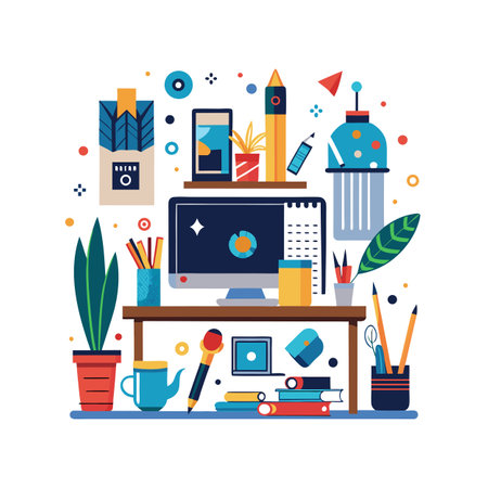Office themed setup and equipment vector illustrationのイラスト素材