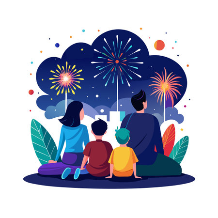 Family Bonding Over Watching Fireworks Together for a Beautiful and Memorable Activity Togetherのイラスト素材