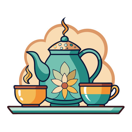 Tea Set Icon with Steam and Tea Ceremony Conceptのイラスト素材