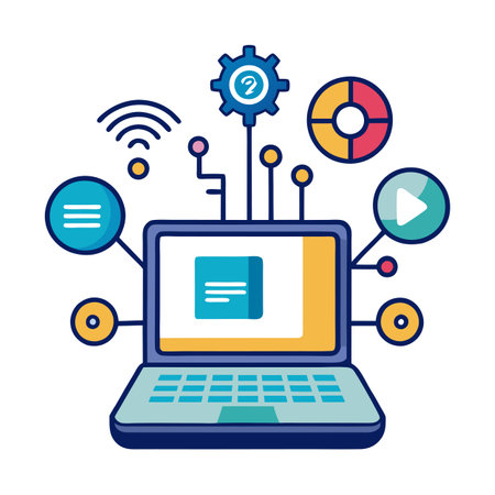 Laptop Icon with Digital Transformation Elements and Isolated Backgroundのイラスト素材