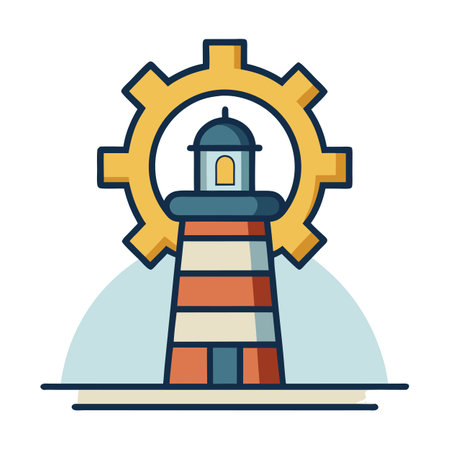 Stylized Lighthouse Icon with Gear and Modern Design Elementsのイラスト素材