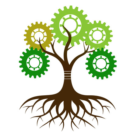Stylized Tree Icon with Gear Roots and Modern Design Elementsのイラスト素材