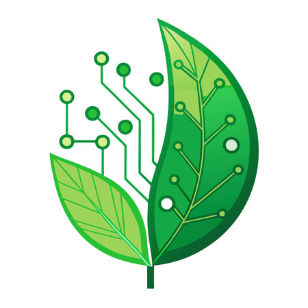 Sleek and Modern Leaf Icon with Futuristic Digital Circuit Designのイラスト素材