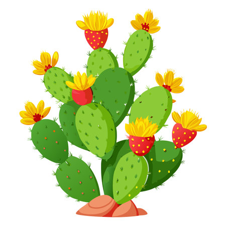 Prickly Pear Cactus with Purple Flowers and Green Leaves in a Garden Settingのイラスト素材
