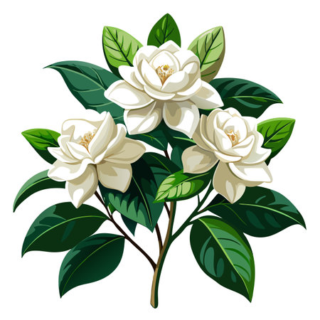 Beautiful Gardenia Plant with Fragrant White Flowers and Green Leavesのイラスト素材