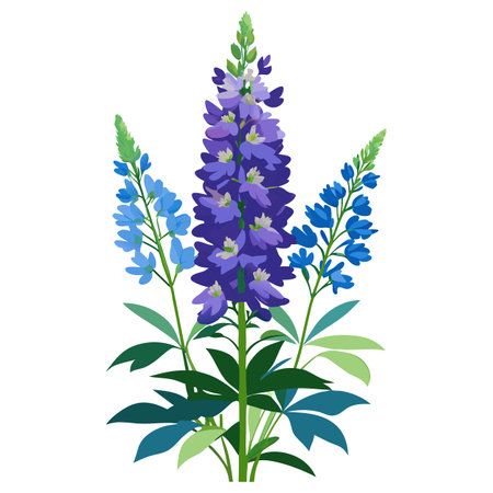 Vibrant Delphinium Plant with Brightly Colored Flowers and Leaves in a Natural Settingのイラスト素材