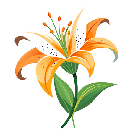 Lily Flower with Purple Petals and Green Leaves in a Garden Settingのイラスト素材