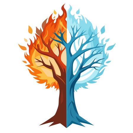 Fire and Ice Tree Vector with Pink Flowers and Green Leaves in a Garden Settingのイラスト素材