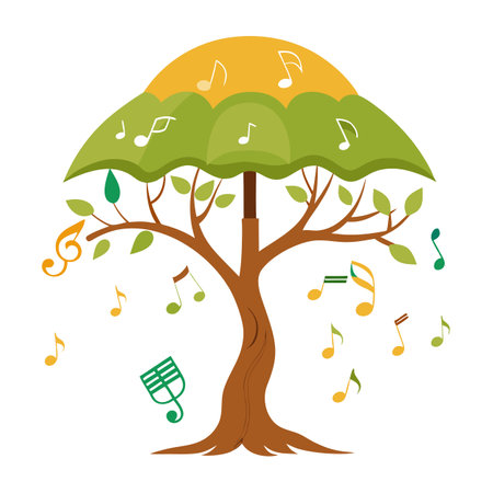 Intricate Flat Tree Vector with a Delicate Musical Canopy in a Fantasy Settingのイラスト素材