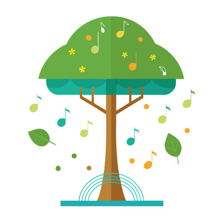 Botanical Flat Tree Vector with a Green Musical Canopy in a Natural Settingのイラスト素材