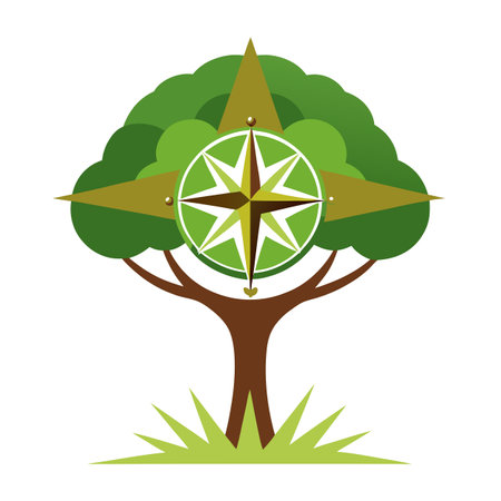 Intricate Flat Tree Vector with a Delicate Compass Canopy in a Fantasy Settingのイラスト素材
