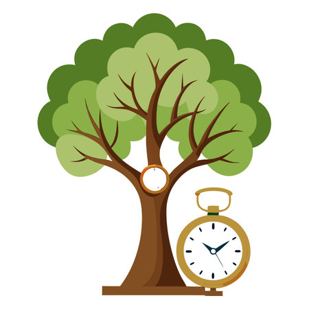 Intricate Flat Tree Vector with a Delicate Clock Face Trunk in a Fantasy Settingのイラスト素材