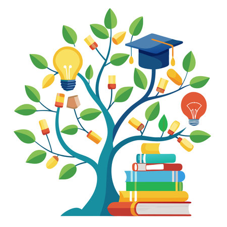 Vibrant E-learning Knowledge Tree Vector with Brightly Colored Leaves and Trunk in a High-Tech Settingのイラスト素材