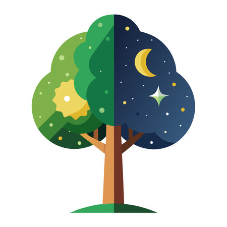 Vibrant Flat Tree Vector with a Brightly Colored Split Day and Night Canopy in a High-Tech Settingのイラスト素材