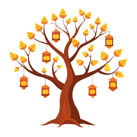 Floating Lanterns Instead of Leaves for Flat Tree Design Styleのイラスト素材