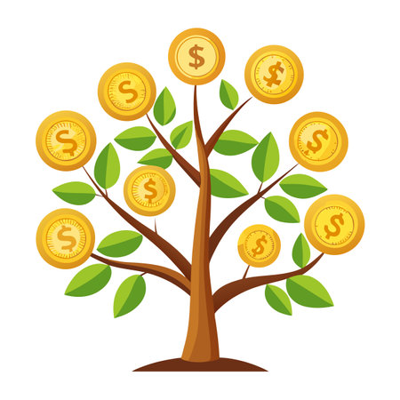 Wealth tree graphic featuring gold currency coins as its financial growth leavesのイラスト素材