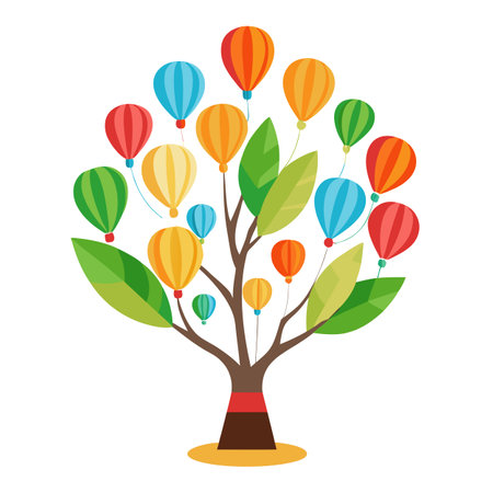 Artistic tree illustration featuring hot air balloons as foliage creating a sense of wonder and travelのイラスト素材