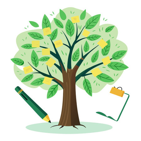 Creative tree illustration with leaf-shaped paper notes and a pen symbolizing ideas and inspirationのイラスト素材