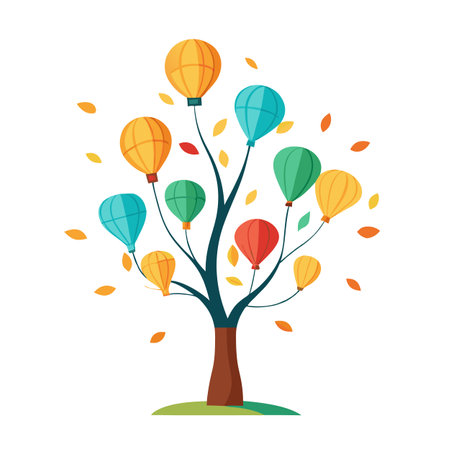 Flat Tree Design with Floating Hot Air Balloon Leaves Styleのイラスト素材
