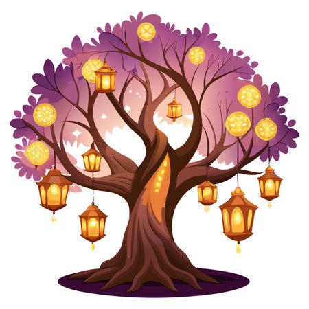 Unique design of a tree with colorful lanterns suspended from its limbsのイラスト素材