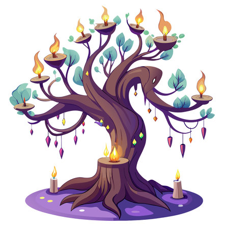Artistic depiction of a tree with flickering candles gently floating nearbyのイラスト素材