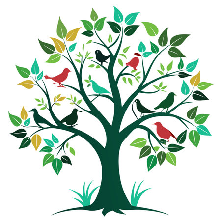 Elegant design of a tree with graceful birds sitting on its branchesのイラスト素材