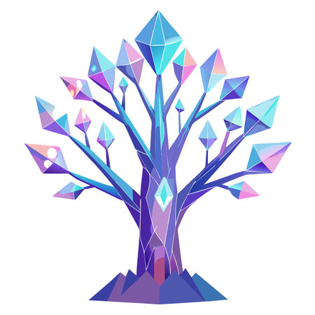 Creative tree graphic with a holographic crystal canopy displaying a spectrum of vibrant huesのイラスト素材