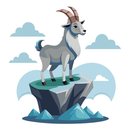Dreamy cartoon goat balancing on a levitating stone in the skyのイラスト素材