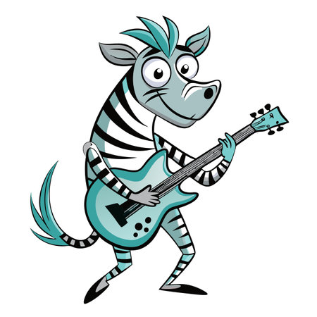 Happy cartoon zebra rocking out on a guitar with a groovy poseのイラスト素材