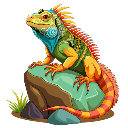 Brightly colored iguana relaxing on a sunny rock vector artのイラスト素材