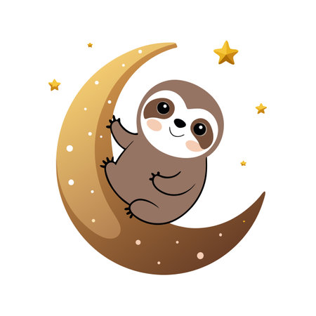 Happy chubby sloth dreaming while hanging from a moon vector artのイラスト素材