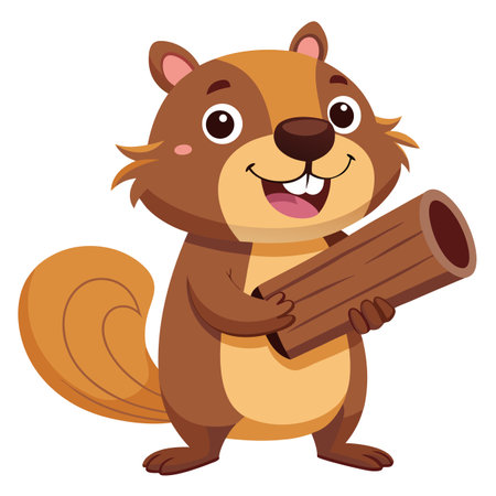 Happy cartoon beaver carrying a log and grinning vector illustrationのイラスト素材