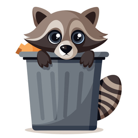 Observant curious raccoon with its striped tail visible while peeking from a dustbinのイラスト素材