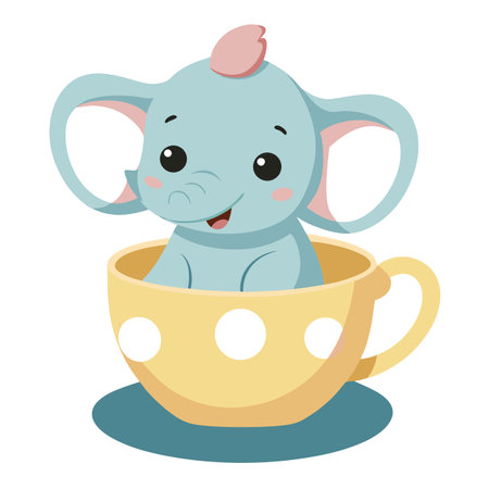 Happy cute baby elephant enjoying a moment inside a huge and charming teacupのイラスト素材