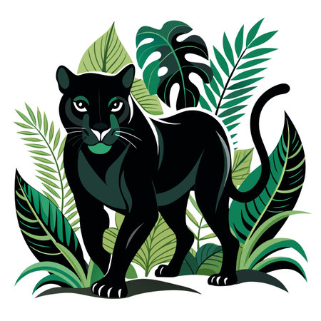 Sleek black panther moving stealthily through tropical leaves vector artのイラスト素材