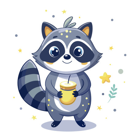 Sweet raccoon looking at fireflies in a glass jar vector illustrationのイラスト素材