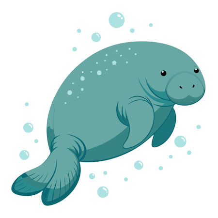 Calm manatee floating underwater with bubbles vector illustration artのイラスト素材