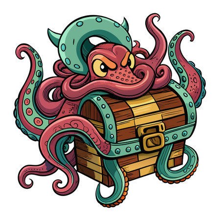 Huge octopus with its tentacles coiled around a treasure chest vector illustrationのイラスト素材