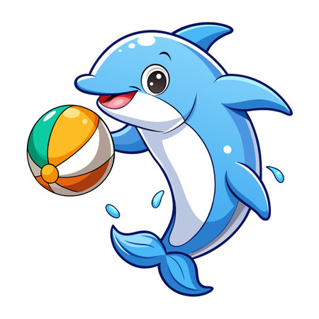 Playful dolphin balancing a red and white ball on its snout vector artのイラスト素材